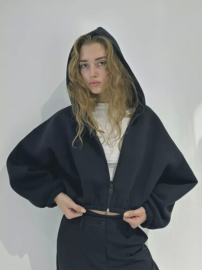 Stil gotic, ocazional, cu mâneci lungi, cu glugă, pulover scurt, jachetă, primăvară/toamnă, talie colectată, buric, fermoar expus, cardigan sport