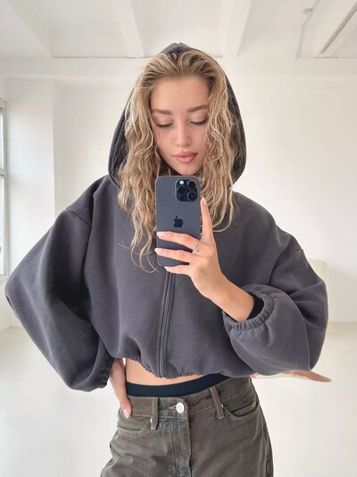 Stil gotic, ocazional, cu mâneci lungi, cu glugă, pulover scurt, jachetă, primăvară/toamnă, talie colectată, buric, fermoar expus, cardigan sport