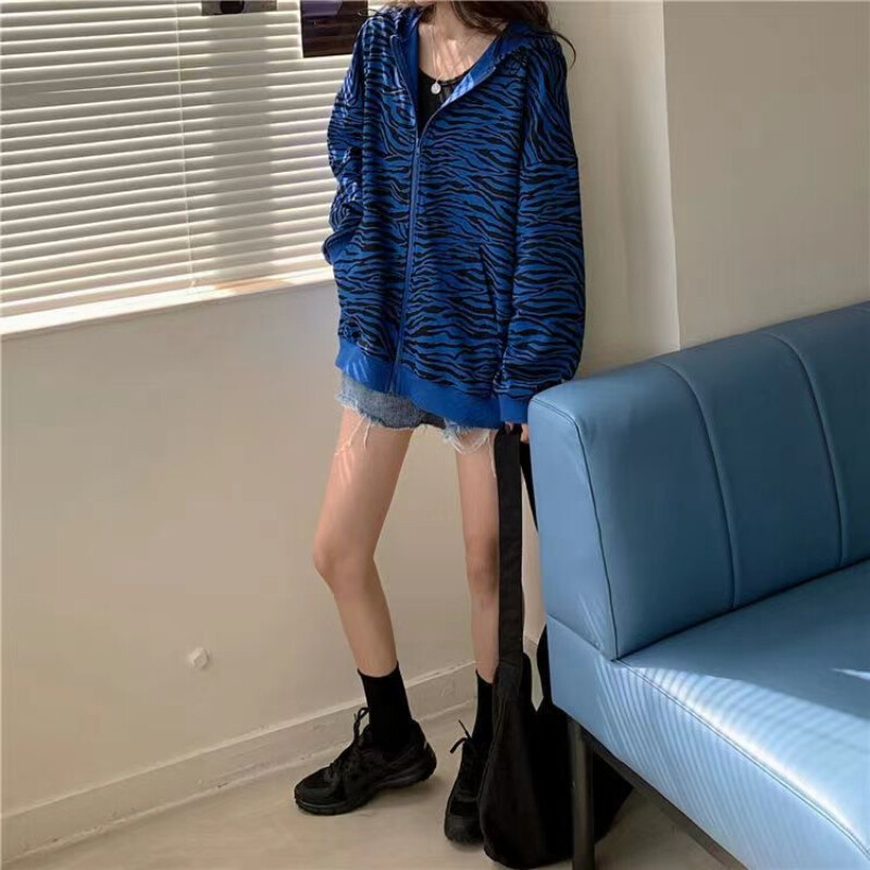 Design retro american cu jachetă cu imprimeu zebră pentru femei, primăvară și toamnă, stil subțire, cu imprimeu albastru de nișă, pentru slăbire, ocazional, Trend