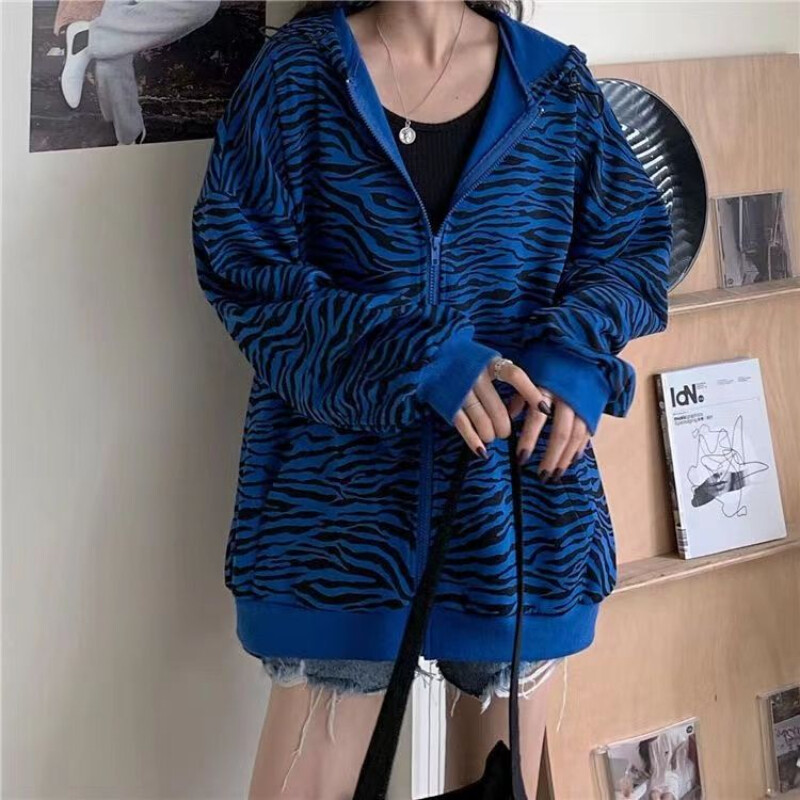 Design retro american cu jachetă cu imprimeu zebră pentru femei, primăvară și toamnă, stil subțire, cu imprimeu albastru de nișă, pentru slăbire, ocazional, Trend