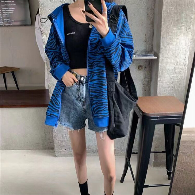 Design retro american cu jachetă cu imprimeu zebră pentru femei, primăvară și toamnă, stil subțire, cu imprimeu albastru de nișă, pentru slăbire, ocazional, Trend