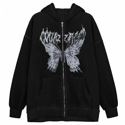 Gothic Butterfly Print ar kapuci rudens ziemas Y2K kapuces ar rāvējslēdzēju sieviešu jakas Ielu apģērbi Vīriešu džemperi Harajuku ikdienas topi