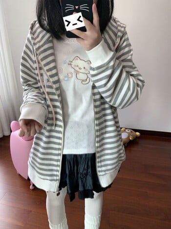 HOUZHOU Cuteore Kawaii Sweet Hoodies Дамски суичър с качулка на райета в японски стил Сладък анимационен суичър с бродерия с цип