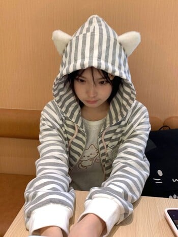 HOUZHOU Cuteore Kawaii Sweet Hoodies Γυναικείες μπλούζες με ριγέ ιαπωνικό στυλ Χαριτωμένο φούτερ με φερμουάρ με φερμουάρ με κουκούλα