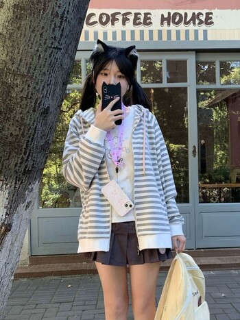 HOUZHOU Cuteore Kawaii Sweet Hoodies Γυναικείες μπλούζες με ριγέ ιαπωνικό στυλ Χαριτωμένο φούτερ με φερμουάρ με φερμουάρ με κουκούλα