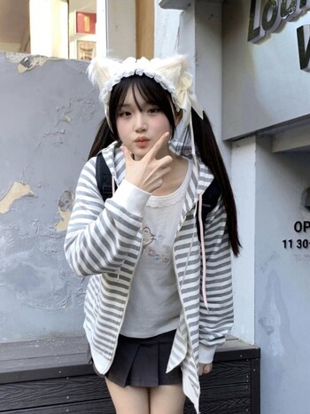 HOUZHOU Cuteore Kawaii Sweet Hoodies Γυναικείες μπλούζες με ριγέ ιαπωνικό στυλ Χαριτωμένο φούτερ με φερμουάρ με φερμουάρ με κουκούλα