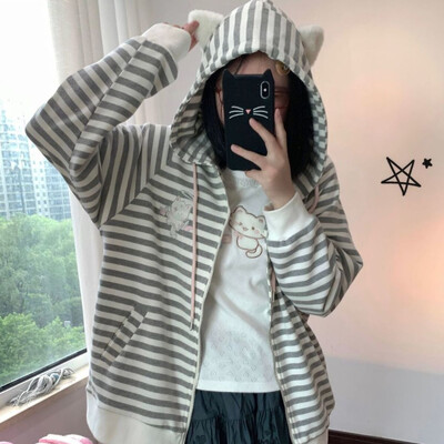 HOUZHOU Cuteore Kawaii slatke majice s kapuljačom Ženska majica s kapuljačom na pruge u japanskom stilu sa slatkim crtanim vezom i s kapuljačom