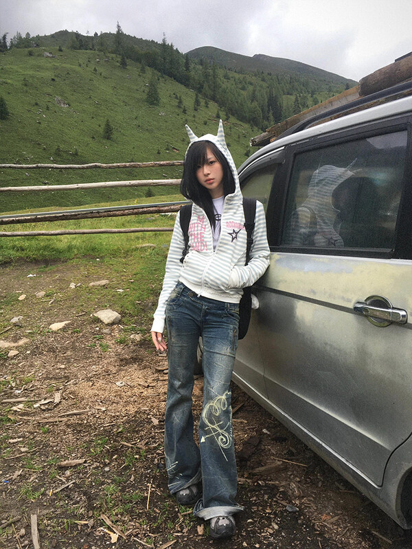 HOUZHOU Y2k Cuteore, jauks jaukums sievietēm, grunge, gotikas, svītrains, raibs burts ar rāvējslēdzēju, kapuci, mīksts meitenes 2024. gada šiks