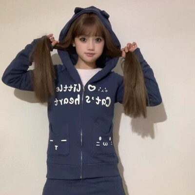 HOUZHOU Y2k Harajuku gotičke majice s kapuljačom Ženski japanski stil Kawaii Sweet Streetwear Dukserica s patentnim zatvaračem i kapuljačom, mekana djevojka