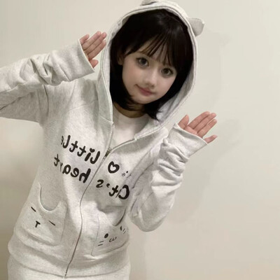 HOUZHOU Y2k Harajuku gotičke majice s kapuljačom Ženski japanski stil Kawaii Sweet Streetwear Dukserica s patentnim zatvaračem i kapuljačom, mekana djevojka