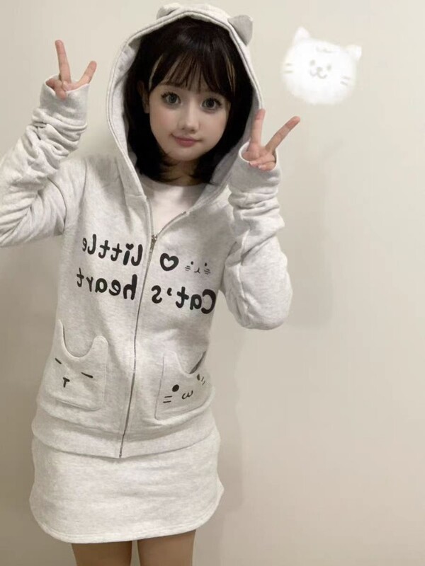 HOUZHOU Y2k Harajuku gotičke majice s kapuljačom Ženski japanski stil Kawaii Sweet Streetwear Dukserica s patentnim zatvaračem i kapuljačom, mekana djevojka