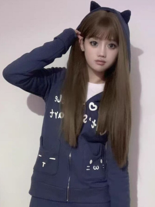 HOUZHOU Y2k Harajuku gotičke majice s kapuljačom Ženski japanski stil Kawaii Sweet Streetwear Dukserica s patentnim zatvaračem i kapuljačom, mekana djevojka