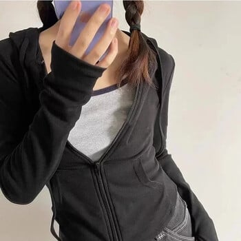 Deeptown Vintage φερμουάρ Cropped Hoodies Γυναικείες κορεάτικες μπλούζες Streetwear με κουκούλα Kpop μονόχρωμες μακρυμάνικο μπλουζάκια