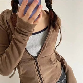 Deeptown Vintage φερμουάρ Cropped Hoodies Γυναικείες κορεάτικες μπλούζες Streetwear με κουκούλα Kpop μονόχρωμες μακρυμάνικο μπλουζάκια