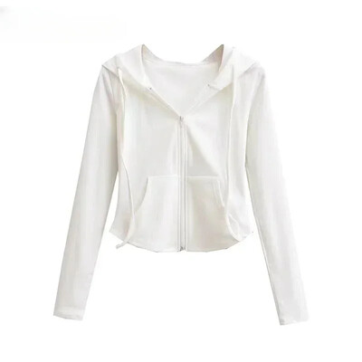 Deeptown Vintage ar rāvējslēdzēju apgriezti apgriezti kapuči Sieviešu korejiešu stila ielas apģērbi džemperi ar kapuci Kpop vienkrāsaini Y2k topi ar garām piedurknēm