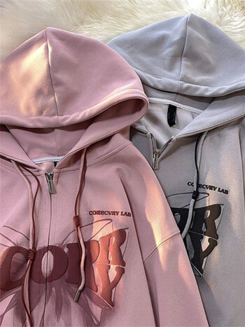 Deeptown Hip Hop Oversized Zip Up Hoodies Γυναικείες φούτερ Harajuku Grunge Graphic print Φούτερ Λεπτά παλτό για ζευγάρια Kpop Streetwear