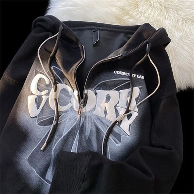 Deeptown Hip Hop Hanorace supradimensionate cu fermoar pentru femei Harajuku Grunge Imprimare grafică Hanorace subțiri pentru cupluri Topuri Paltoane Kpop Streetwear