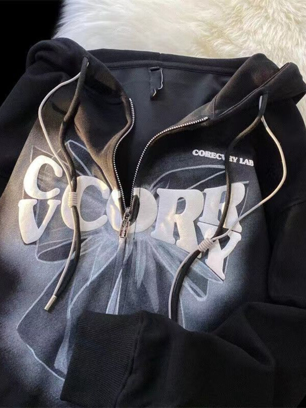 Deeptown Hip Hop Hanorace supradimensionate cu fermoar pentru femei Harajuku Grunge Imprimare grafică Hanorace subțiri pentru cupluri Topuri Paltoane Kpop Streetwear