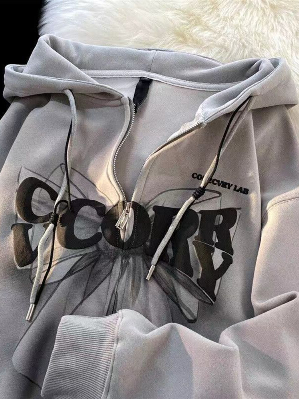 Deeptown Hip Hop Hanorace supradimensionate cu fermoar pentru femei Harajuku Grunge Imprimare grafică Hanorace subțiri pentru cupluri Topuri Paltoane Kpop Streetwear