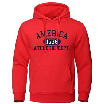 America 1776 Athletic Dept Letter Print Мъжки суитчър с качулка с джоб и О-образно деколте Есенен мек суичър Ежедневно свободно мъжко облекло