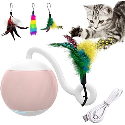 ATUBAN Cat Toy Smart Robotic, Cat Toys for Indoor Cat, Automatic Moving Ball with Feather Kitten Toys in Pack. USB Rechargeable