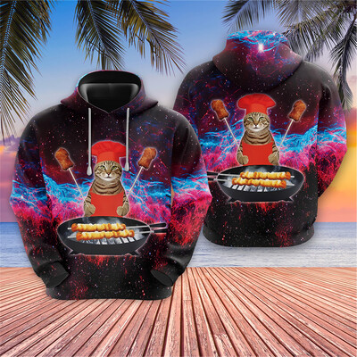 Vicces Barbecue Cat Grafikus pulóverek Galaxy Cats kapucnis pulóverek férfi ruhák Harajuku divat űrpulóverek Rajzfilm Y2k fiú felsők