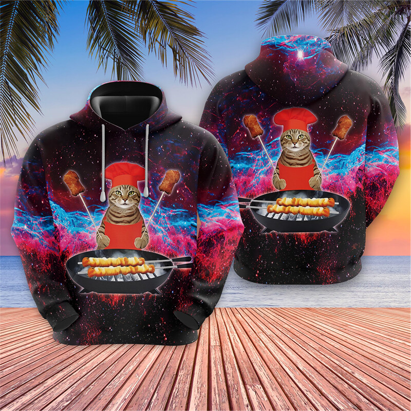 Vicces Barbecue Cat Grafikus pulóverek Galaxy Cats kapucnis pulóverek férfi ruhák Harajuku divat űrpulóverek Rajzfilm Y2k fiú felsők