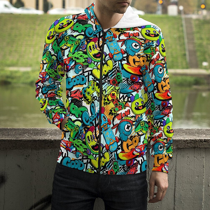 Karikatūras 3D drukas džemperi ar kapuci eksplodēti burti panku grafiti ar rāvējslēdzēju uz augšu kapuces Vīriešu sievietes, bērni, modes ielas apģērbi, apģērbi