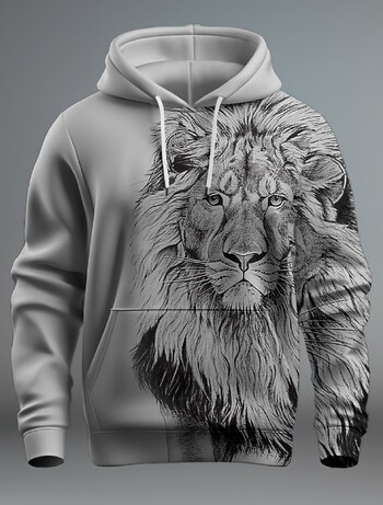 Нов мъжки моден графичен лъв с качулка с 3D принт Streetwear суитчър с качулка с дълъг ръкав и щампа с преден джоб, пролетен суичър с качулка