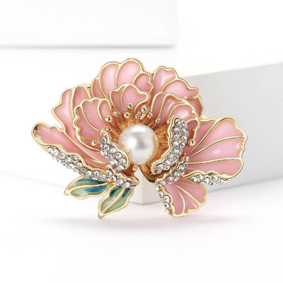 Broșe cu flori de bujor emailat pentru femei Ace de trandafiri cu strasuri Insignă flori de perle Cadouri pentru petreceri pentru prieteni Accesorii