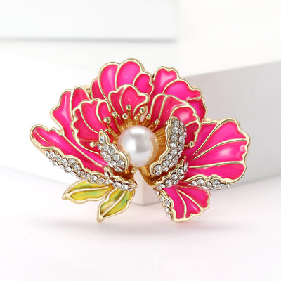 Broșe cu flori de bujor emailat pentru femei Ace de trandafiri cu strasuri Insignă flori de perle Cadouri pentru petreceri pentru prieteni Accesorii