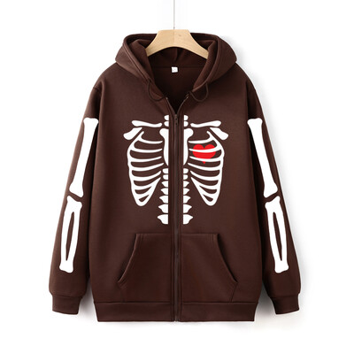 Vintage majica s patentnim zatvaračem s printom kostura Y2K Gothic Bone Graphic Unisex majica s kapuljačom s patentnim zatvaračem Jesenska ulična odjeća Harajuku ženska majica s patentnim zatvaračem