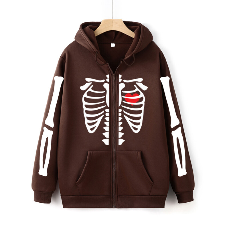 Vintage majica s patentnim zatvaračem s printom kostura Y2K Gothic Bone Graphic Unisex majica s kapuljačom s patentnim zatvaračem Jesenska ulična odjeća Harajuku ženska majica s patentnim zatvaračem