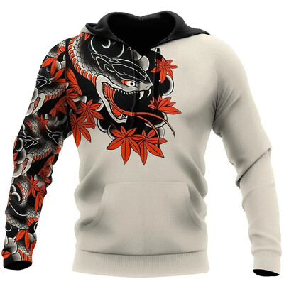 Retro meeste kapuuts Jaapani samurai tätoveeringu mustriga, 3D-prinditud sügisene tänava hip-hop meeste kapuuts, Y2K pullover