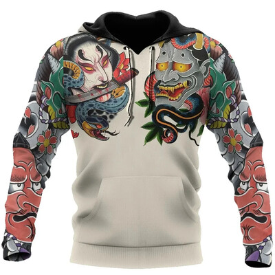 Retro meeste kapuuts Jaapani samurai tätoveeringu mustriga, 3D-prinditud sügisene tänava hip-hop meeste kapuuts, Y2K pullover