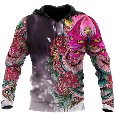 Retro meeste kapuuts Jaapani samurai tätoveeringu mustriga, 3D-prinditud sügisene tänava hip-hop meeste kapuuts, Y2K pullover