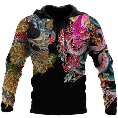 Retro meeste kapuuts Jaapani samurai tätoveeringu mustriga, 3D-prinditud sügisene tänava hip-hop meeste kapuuts, Y2K pullover