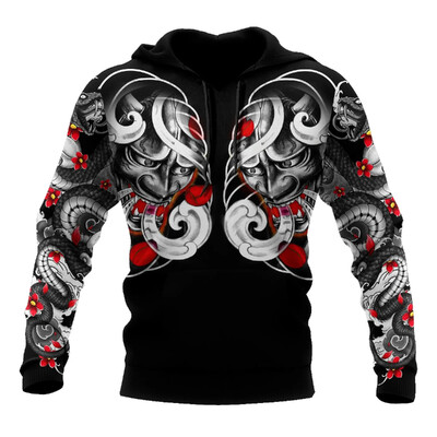 Retro meeste kapuuts Jaapani samurai tätoveeringu mustriga, 3D-prinditud sügisene tänava hip-hop meeste kapuuts, Y2K pullover