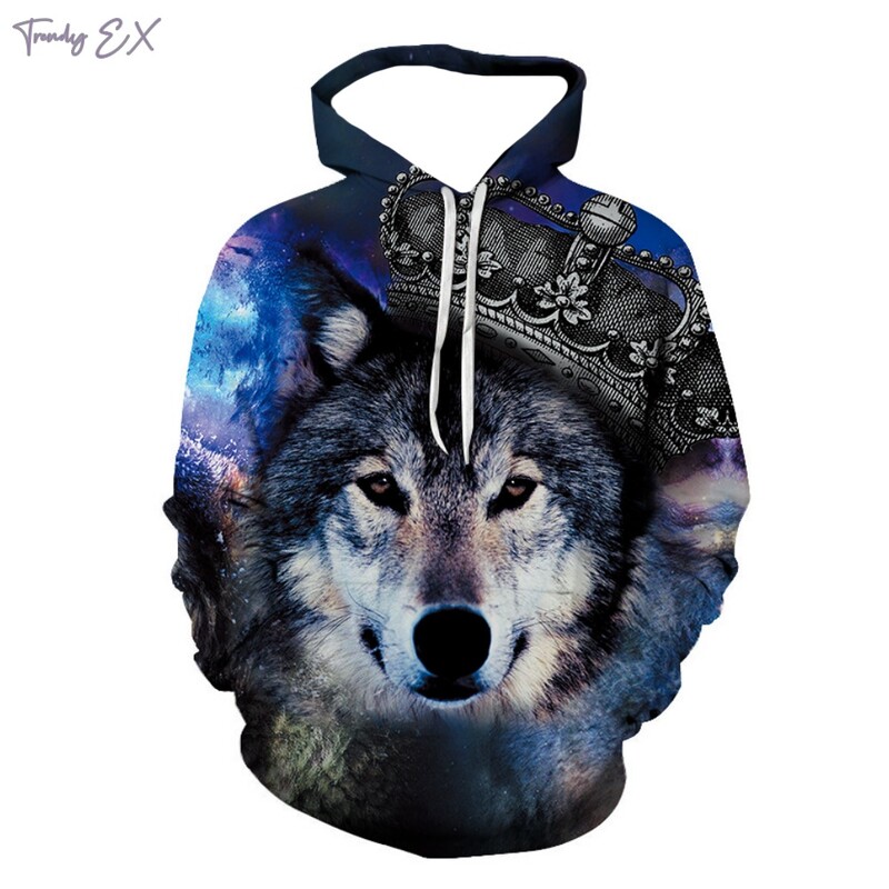 Novi Sweatshirt Harajuku 3D Wolf King Printstreet Modni Sweatshirt Comforts Sport s dugim rukavima s kapuljačom