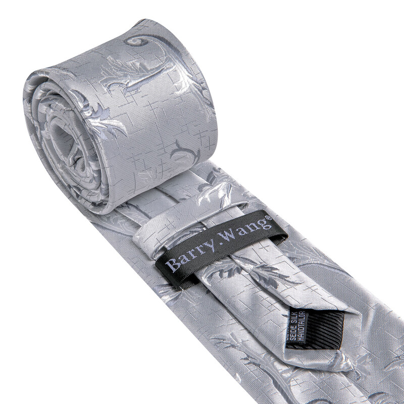 Barry.Wang sudrabaini pelēks zīda vīriešu kaklasaite kabatlakats aproču pogas žakarda Solid Paisley ziedu kaklasaite vīriešu kāzu biznesam