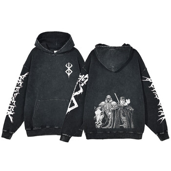 Berserk Аниме Acid Washed Hoodie Мъжко облекло Ретро памучни суитчъри Дамски хип-хоп суичъри с качулка Y2K Дрехи извънгабаритни