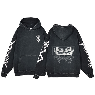 Berserk Anime Acid Washed Hoodie Ανδρικά ρούχα Vintage Βαμβακερές κουκούλες Γυναικείες μπλούζες με κουκούλα χιπ χοπ Y2K Ρούχα υπερμεγέθη