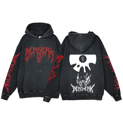 Berserk Anime Acid Washed Hoodie Ανδρικά ρούχα Vintage Βαμβακερές κουκούλες Γυναικείες μπλούζες με κουκούλα χιπ χοπ Y2K Ρούχα υπερμεγέθη