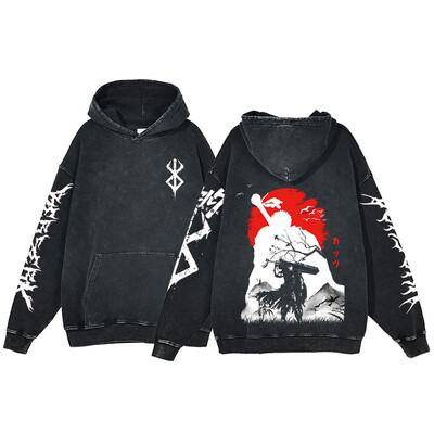 Berserk Anime Acid Washed Hoodie Ανδρικά ρούχα Vintage Βαμβακερές κουκούλες Γυναικείες μπλούζες με κουκούλα χιπ χοπ Y2K Ρούχα υπερμεγέθη