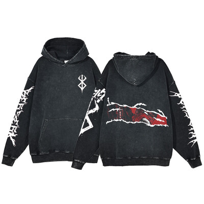Berserk Anime Acid Washed Hoodie Ανδρικά ρούχα Vintage Βαμβακερές κουκούλες Γυναικείες μπλούζες με κουκούλα χιπ χοπ Y2K Ρούχα υπερμεγέθη