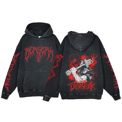 Berserk Anime Acid Washed Hoodie Ανδρικά ρούχα Vintage Βαμβακερές κουκούλες Γυναικείες μπλούζες με κουκούλα χιπ χοπ Y2K Ρούχα υπερμεγέθη