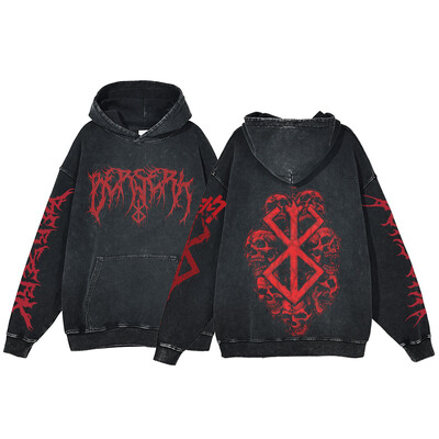 Berserk Anime Acid Washed Hoodie Ανδρικά ρούχα Vintage Βαμβακερές κουκούλες Γυναικείες μπλούζες με κουκούλα χιπ χοπ Y2K Ρούχα υπερμεγέθη
