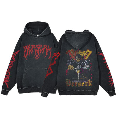 Berserk Anime Acid Washed Hoodie Ανδρικά ρούχα Vintage Βαμβακερές κουκούλες Γυναικείες μπλούζες με κουκούλα χιπ χοπ Y2K Ρούχα υπερμεγέθη