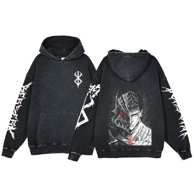 Berserk Anime Acid Washed Hoodie Ανδρικά ρούχα Vintage Βαμβακερές κουκούλες Γυναικείες μπλούζες με κουκούλα χιπ χοπ Y2K Ρούχα υπερμεγέθη