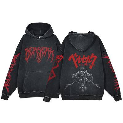 Berserk Anime Acid Washed Hoodie Ανδρικά ρούχα Vintage Βαμβακερές κουκούλες Γυναικείες μπλούζες με κουκούλα χιπ χοπ Y2K Ρούχα υπερμεγέθη